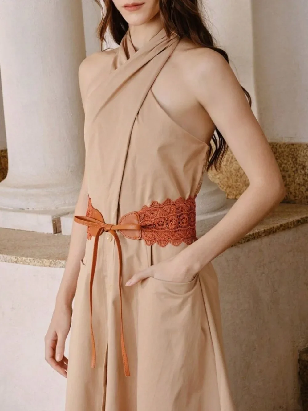 Rust Brown Crochet Lace Waist Belt with Tie Straps
